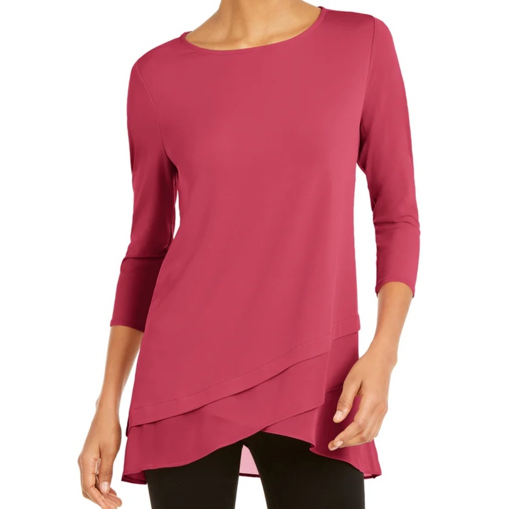 Alfani 3/4 Sleeve Crossover Hem Tunic Top, Sheer Hem, Stretch, Size L